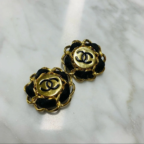 Chanel Costume Gold Clip On Earrings with Leather - Picture 1 of 7